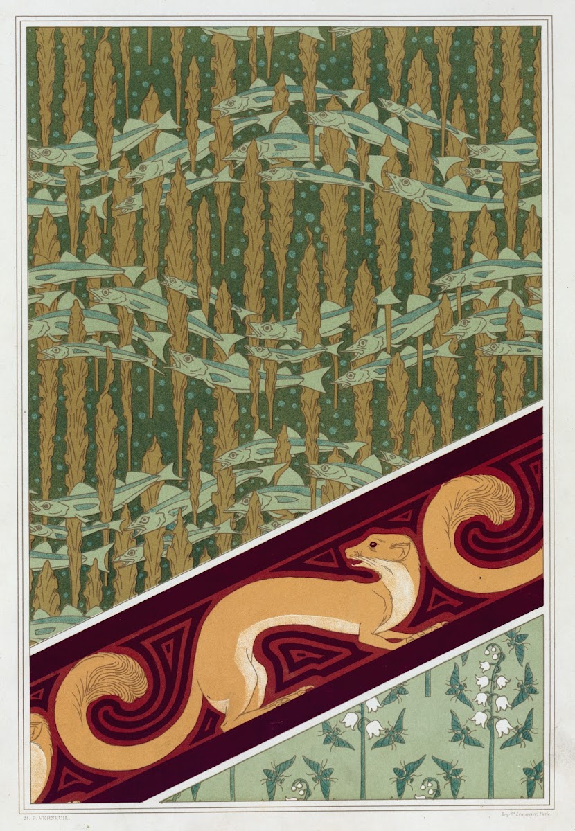 Merlans et algues papier peint Mouches et muguet étoffe de soie Hermine vulgaire