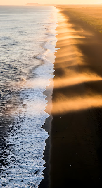 High Angle Vertical View of Waves on a Black Sand Beach with Low, Warm Sea Fog at Sunset - Free mobile Wallpaper