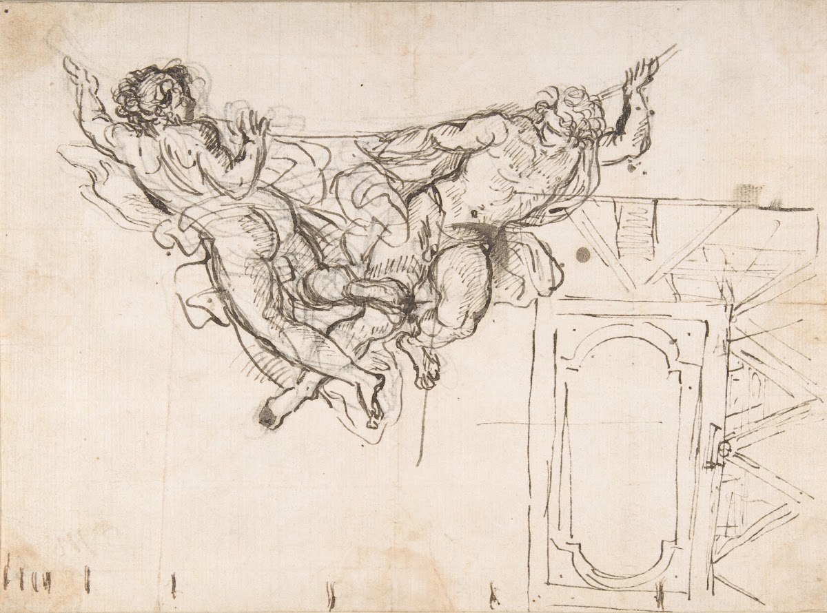 Study for Nude Male Figures Supporting a Frame and Plan of the Ceiling Decoratio