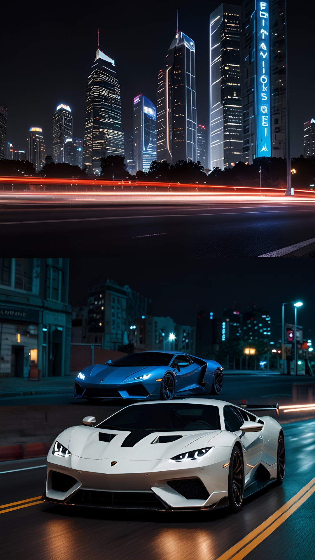 Neon Metropolis Night Drive with Supercars and Light Trails - Free 4K mobile Wallpaper