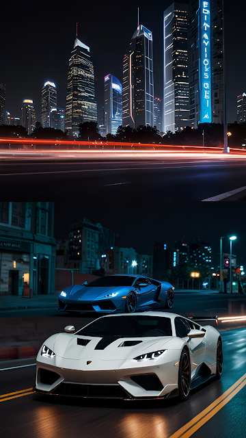 Neon Metropolis Night Drive with Supercars and Light Trails - Free mobile Wallpaper