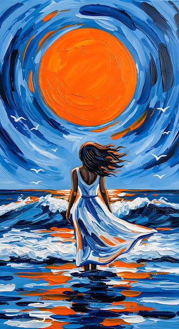 Impasto Painting of Woman by Sea Under Orange Sun - Free mobile Wallpaper