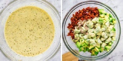 Trộn đều các thành phần nước sốt trộn với nhau trong 1 cái tô. Cần tây, hành tây, cà chua khô, dưa leo, bơ làm sạch, thái nhỏ. Cho vào một cái tô khác. Khi trộn salad, bạn trút cá ngừ hộp vào tô rau củ, trộn đều tất cả với tô nước sốt là xong.