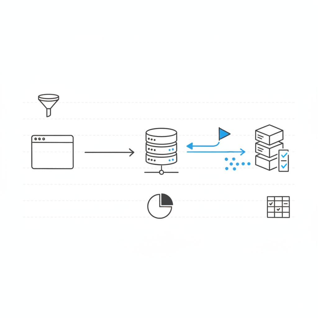 Vector notebook-style diagram of server-side event flows and fraud-detection signals with publisher→server→reconciliation icons and blue-highlighted anomaly paths for CPA marketing