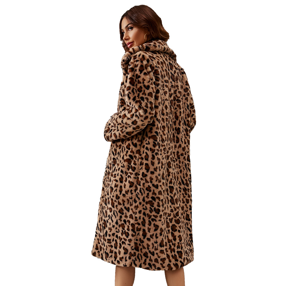 Fashionable faux fur coat with leopard pattern, long