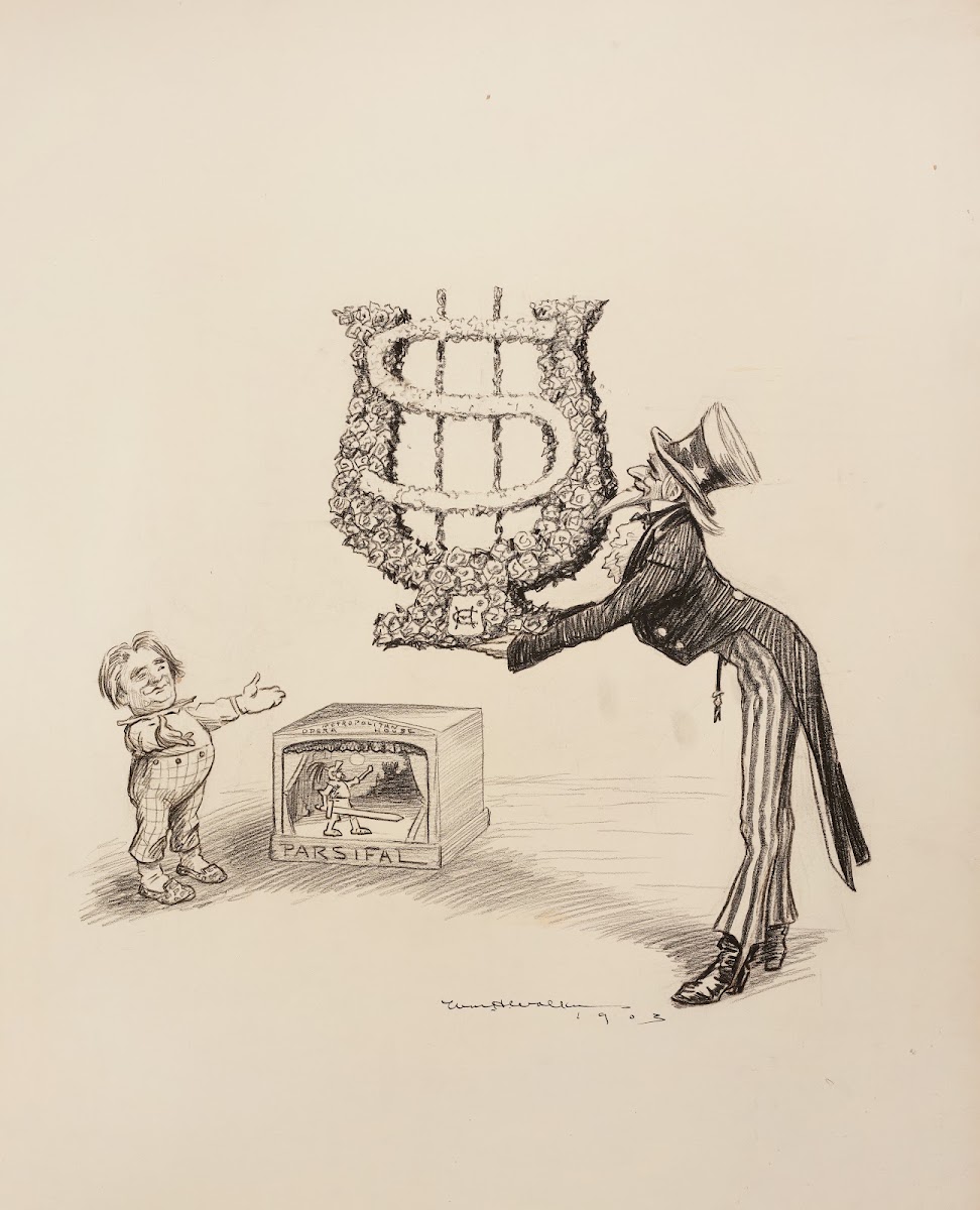 Uncle Sam offers a wreath shaped like a dollar sign to Parsifal and the Metropol