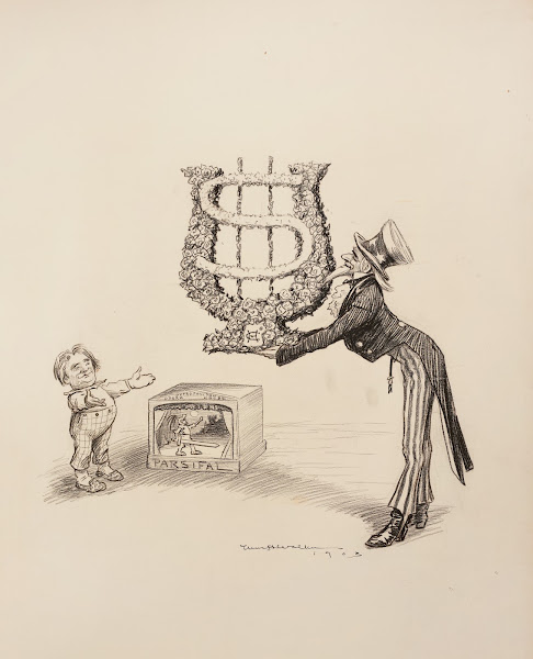 Uncle Sam offers a wreath shaped like a dollar sign to Parsifal and the Metropol