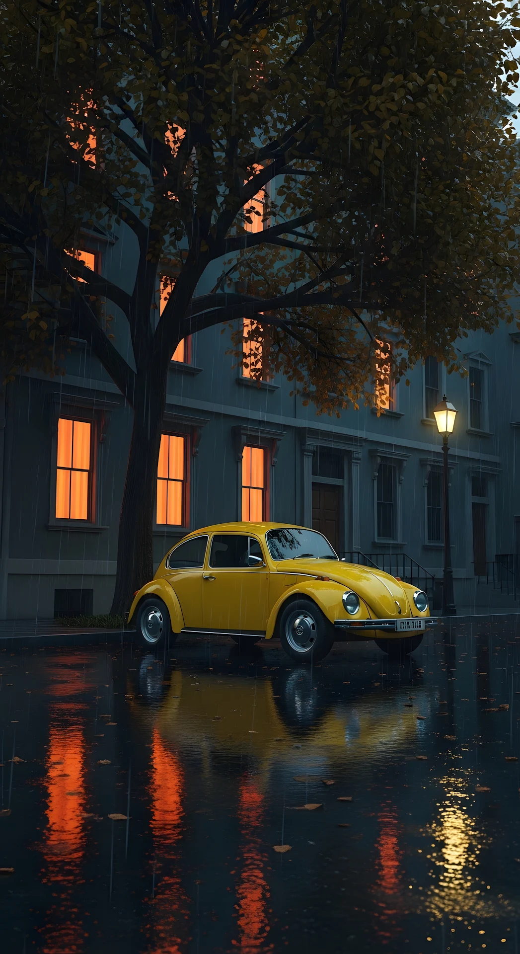 Yellow Classic VW Beetle on Rainy City Street at Night - Free 4K mobile Wallpaper