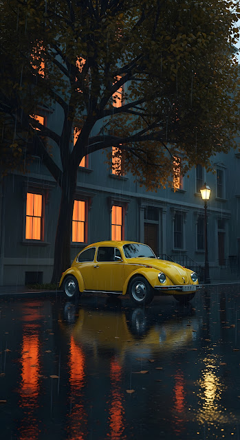 Yellow Classic VW Beetle on Rainy City Street at Night - Free mobile Wallpaper