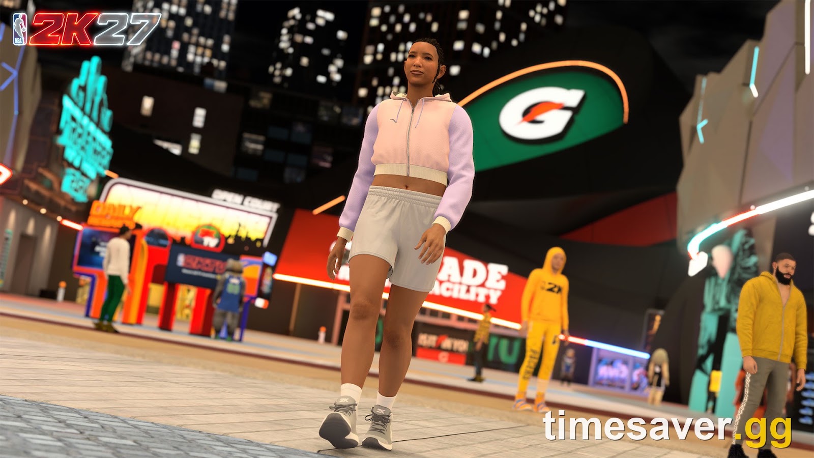 A female MyPLAYER stands in NBA 2K27's nighttime City, showing the franchise-first Co-Ed City