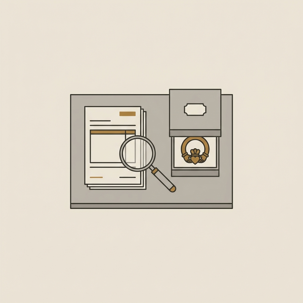 Minimalist 2D vector of a curator desk with provenance papers magnifying loupe and archival box holding an ancient claddagh ring in Aurora Antiqua colors background #ede7da accents #ae8339 no text no people