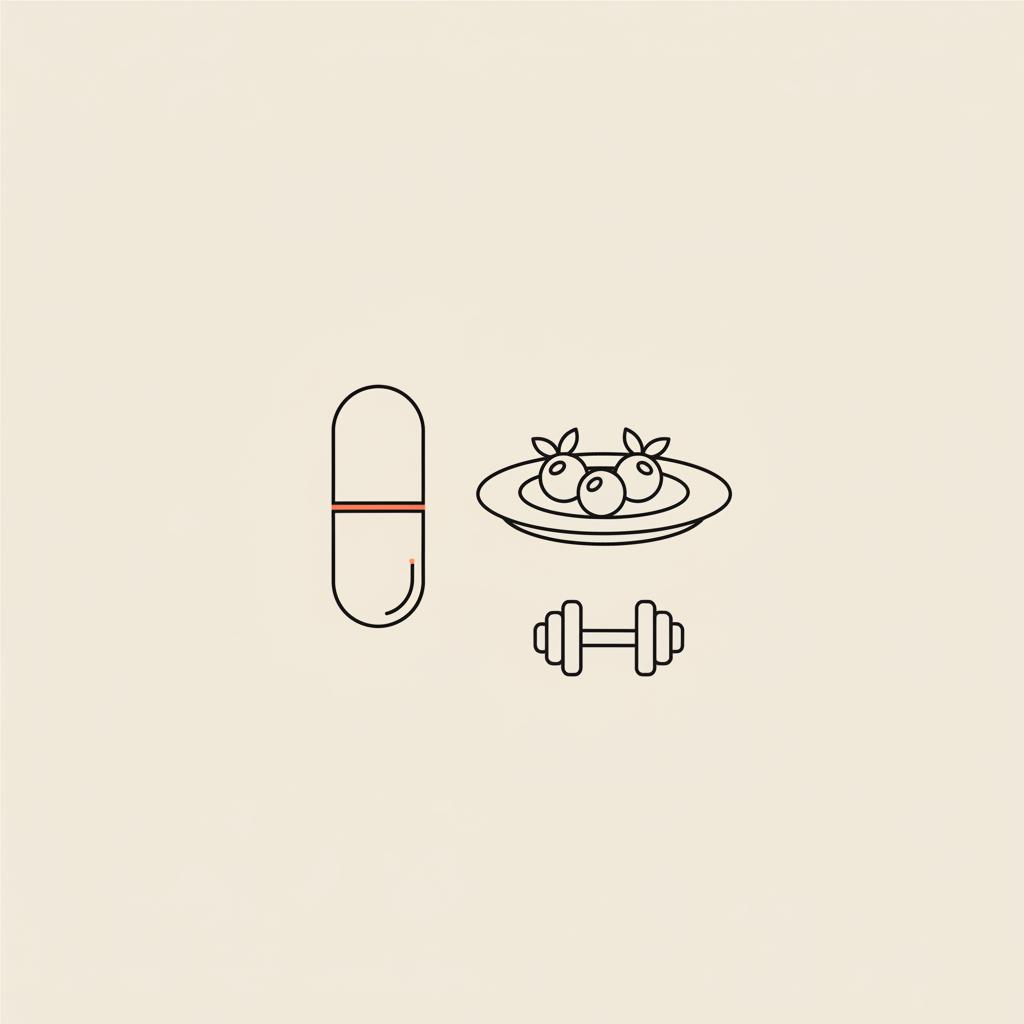 Minimal Tonum-style line illustration of a capsule, a small plate with berries, and a dumbbell on beige background — are weight loss pills safe