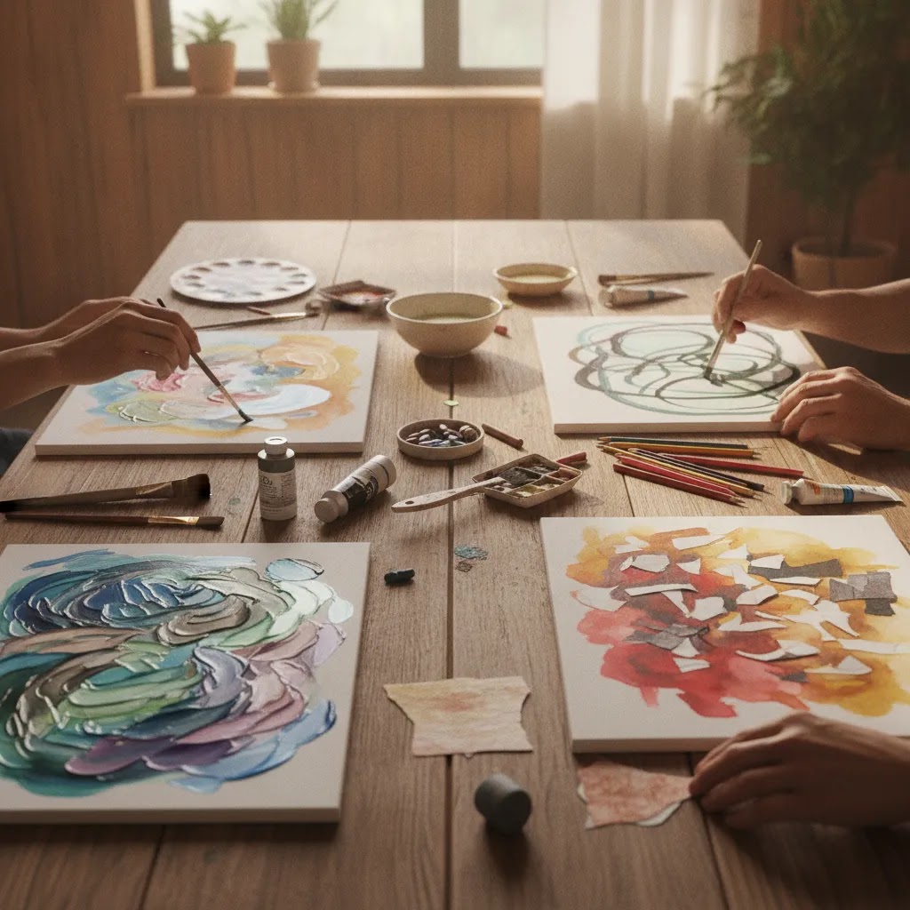 Varied abstract artwork and anonymous hands suggesting different age groups and beginners