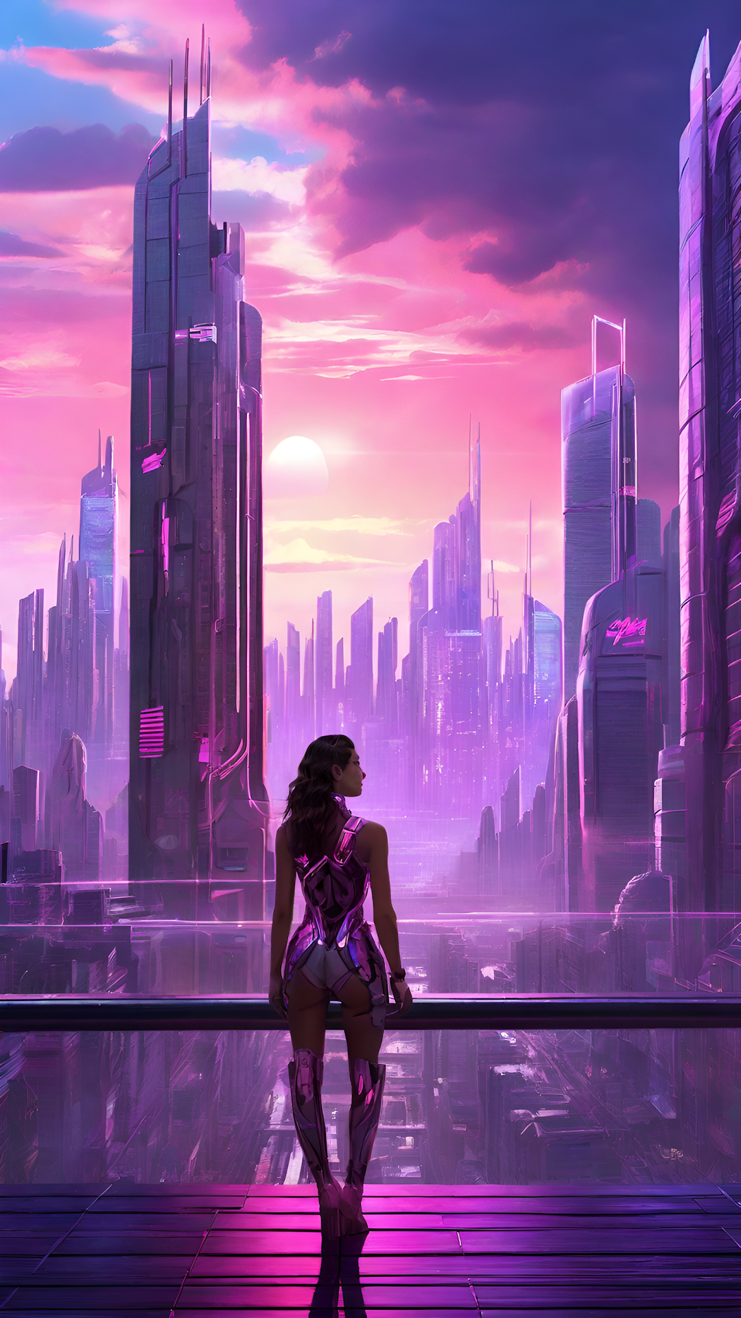 Cyberpunk City View Pink Neon Synthwave Aesthetic Woman - Free 4K mobile Wallpaper