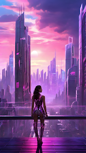 Cyberpunk City View Pink Neon Synthwave Aesthetic Woman