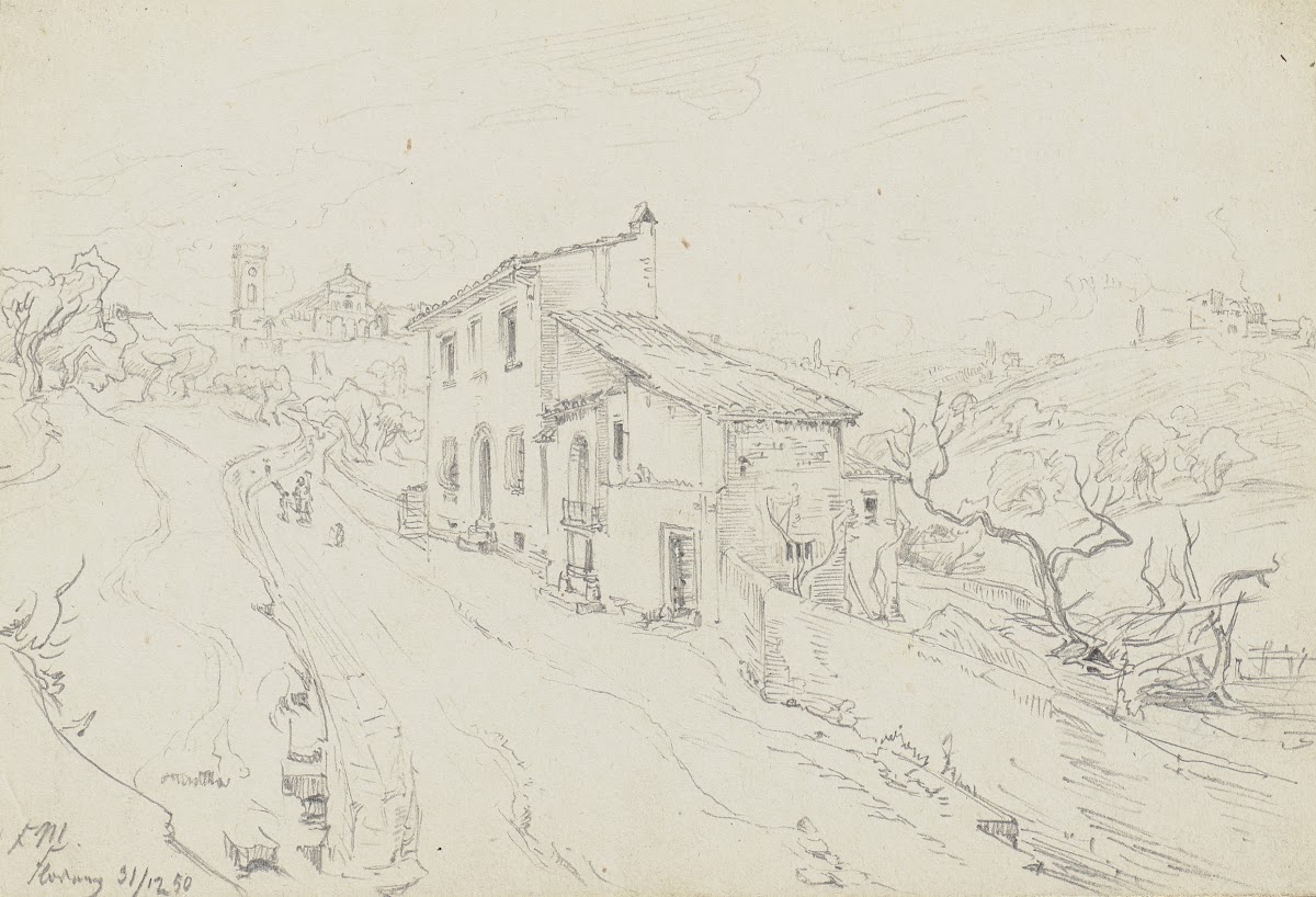 An einem Haus vorbeiführende Landstraße im Hintergrund San Miniato al Monte in F