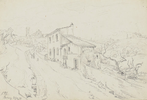 An einem Haus vorbeiführende Landstraße im Hintergrund San Miniato al Monte in F