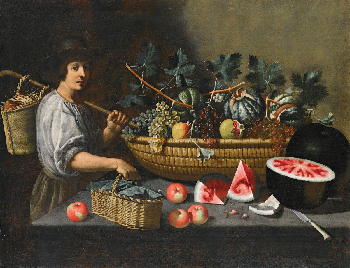 A Still Life Of Grapes Melons And Pomegranates On A Stone Ledge With A Figure Ca