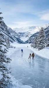 Serene Winter Scene with Frozen Lake Snow-Covered Trees and Skaters