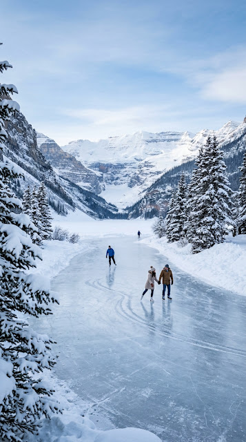 Serene Winter Scene with Frozen Lake Snow-Covered Trees and Skaters - Free mobile Wallpaper