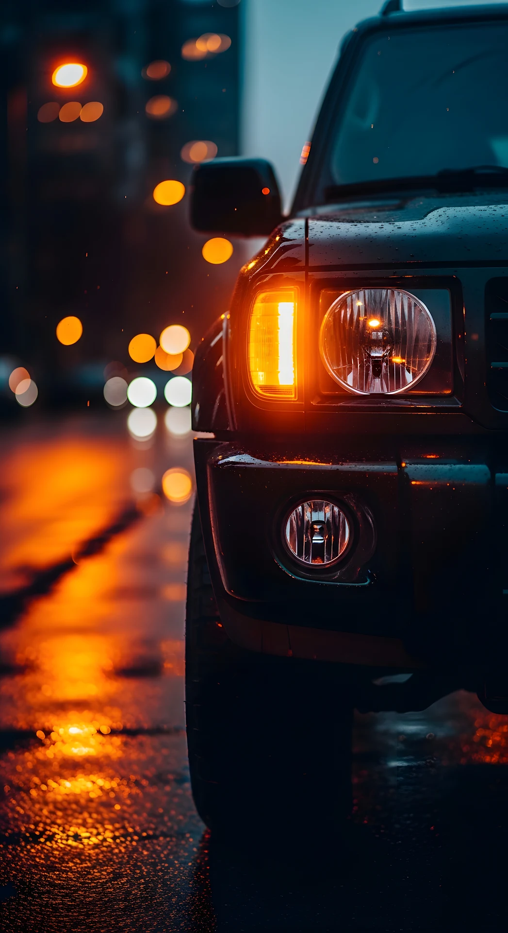 Close-up Low-Angle of Dark SUV with Illuminated Headlight at Sunset - Free 4K mobile Wallpaper