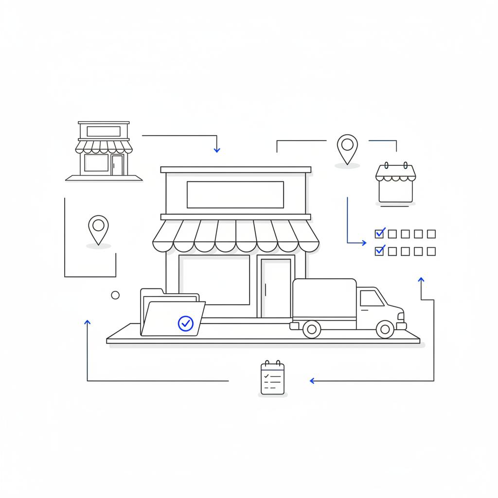 Minimalist vector notebook sketch of a generic storefront, unbranded delivery van, and stamped folder on the sidewalk with small eligibility flow diagrams &mdash; who qualifies for Google Business Profile