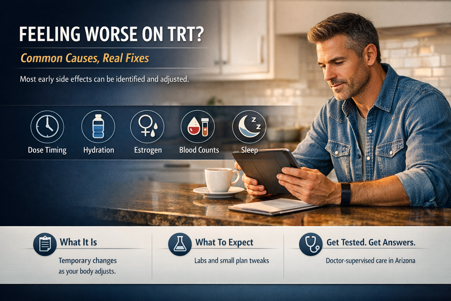 Why Do I Feel Worse After Starting TRT? — AZTRT Arizona TRT clinic blog cover showing a man reviewing lab results with icons for dose timing, hydration, estrogen, blood counts, sleep and skin