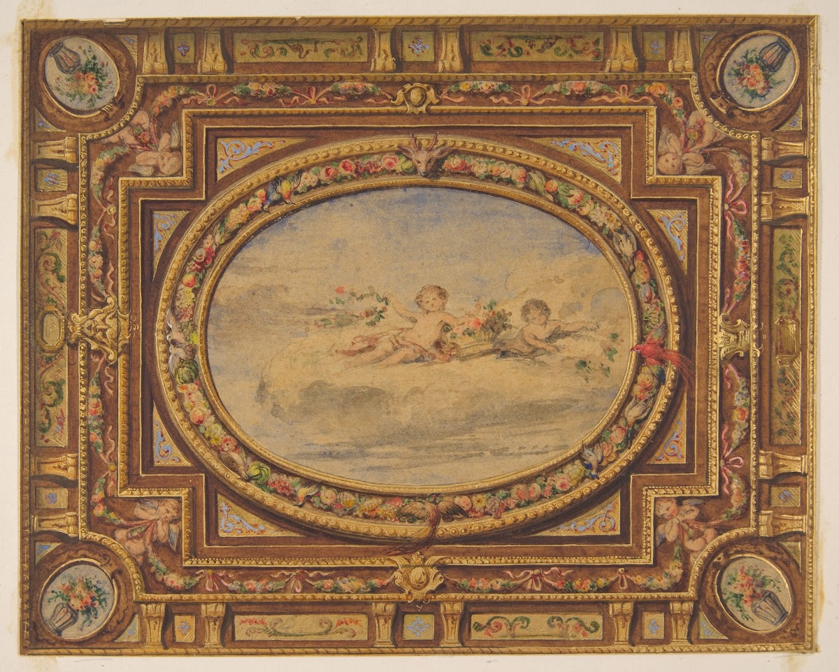 Design for a painted ceiling with putti on clouds in a central oval 183097