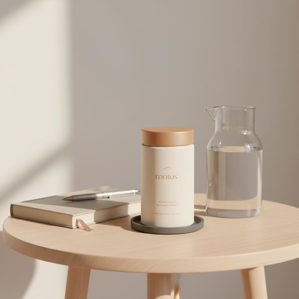 Minimalist close-up of Tonum Motus supplement bottle on wooden table with glass carafe and journal in natural morning light, conveying how much chromium picolinate to take per day.
