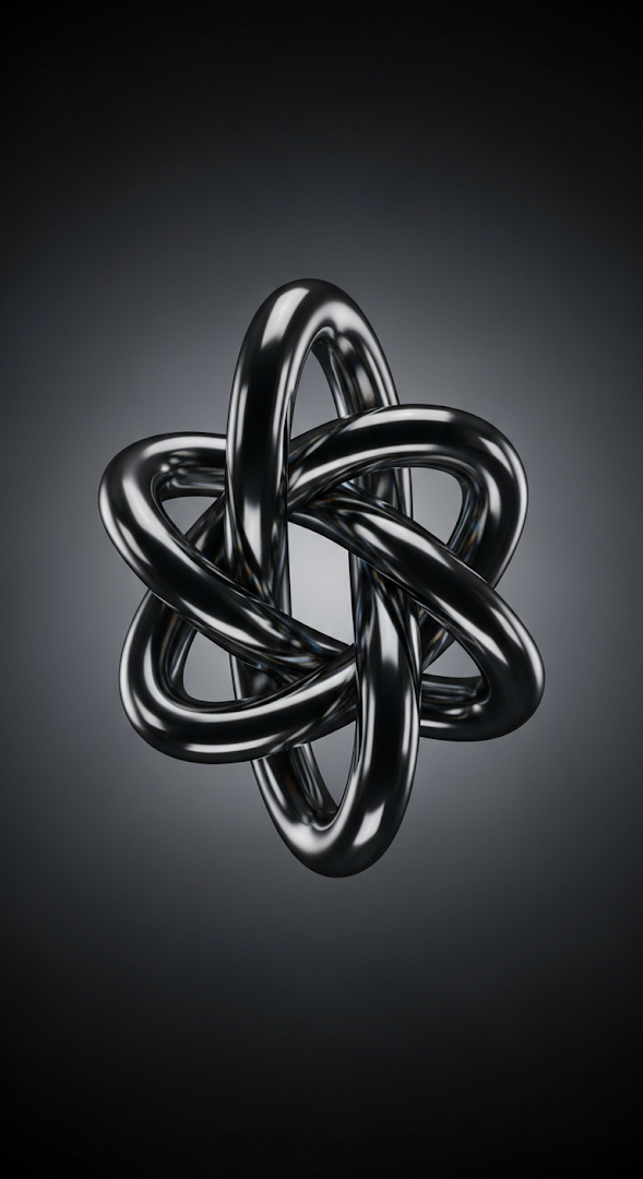 Abstract 3D Render of Interlocking Chrome Metal Knot on Dark Background