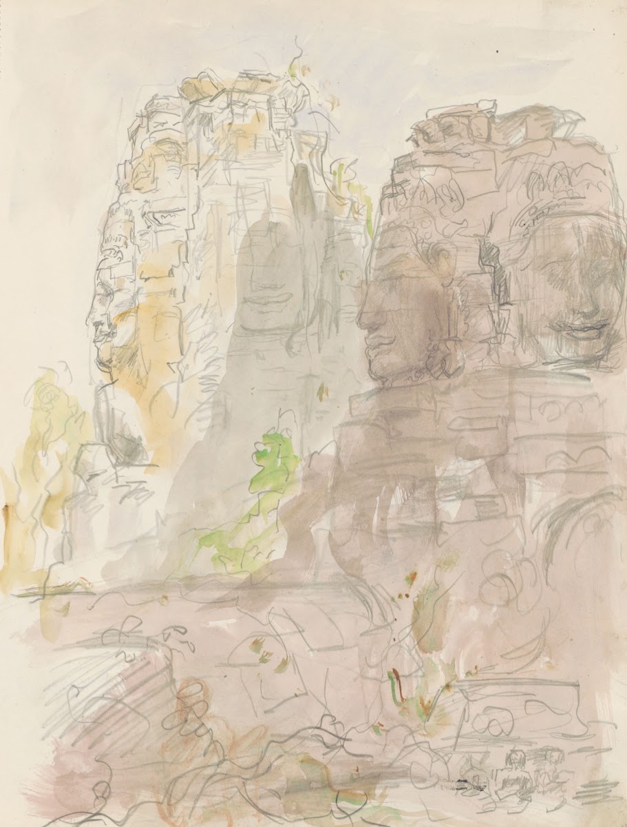 Uit steen gehouwen hoofden van Brahma bij de Bayontempel in Cambodja 1931