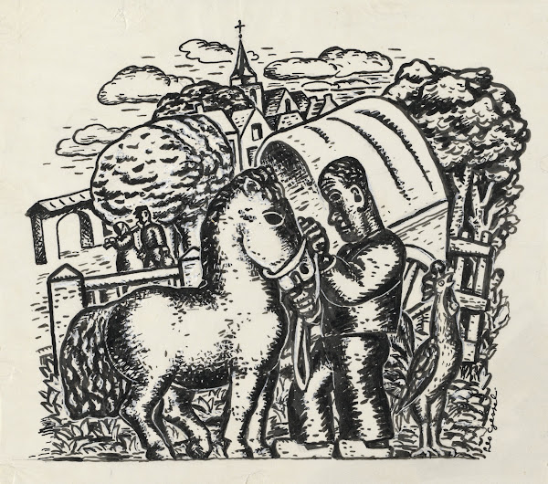 Man met paard en gedekte kar met op de achtergrond een dorpje 20th century