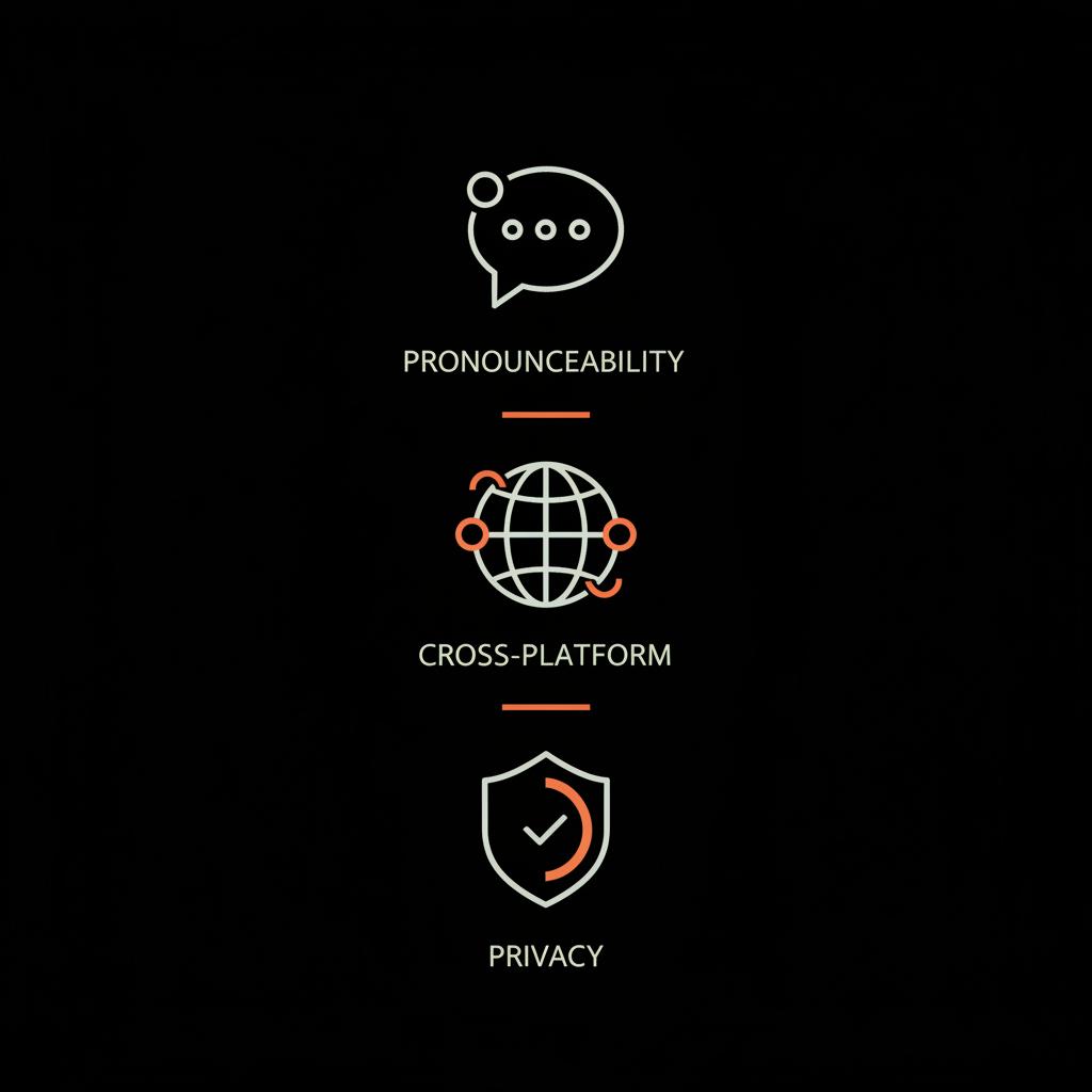 Minimal infographic with three stacked vector icons (speech bubble, globe, shield) representing pronounceability, cross-platform, privacy on black background illustrating how to create a catchy username.