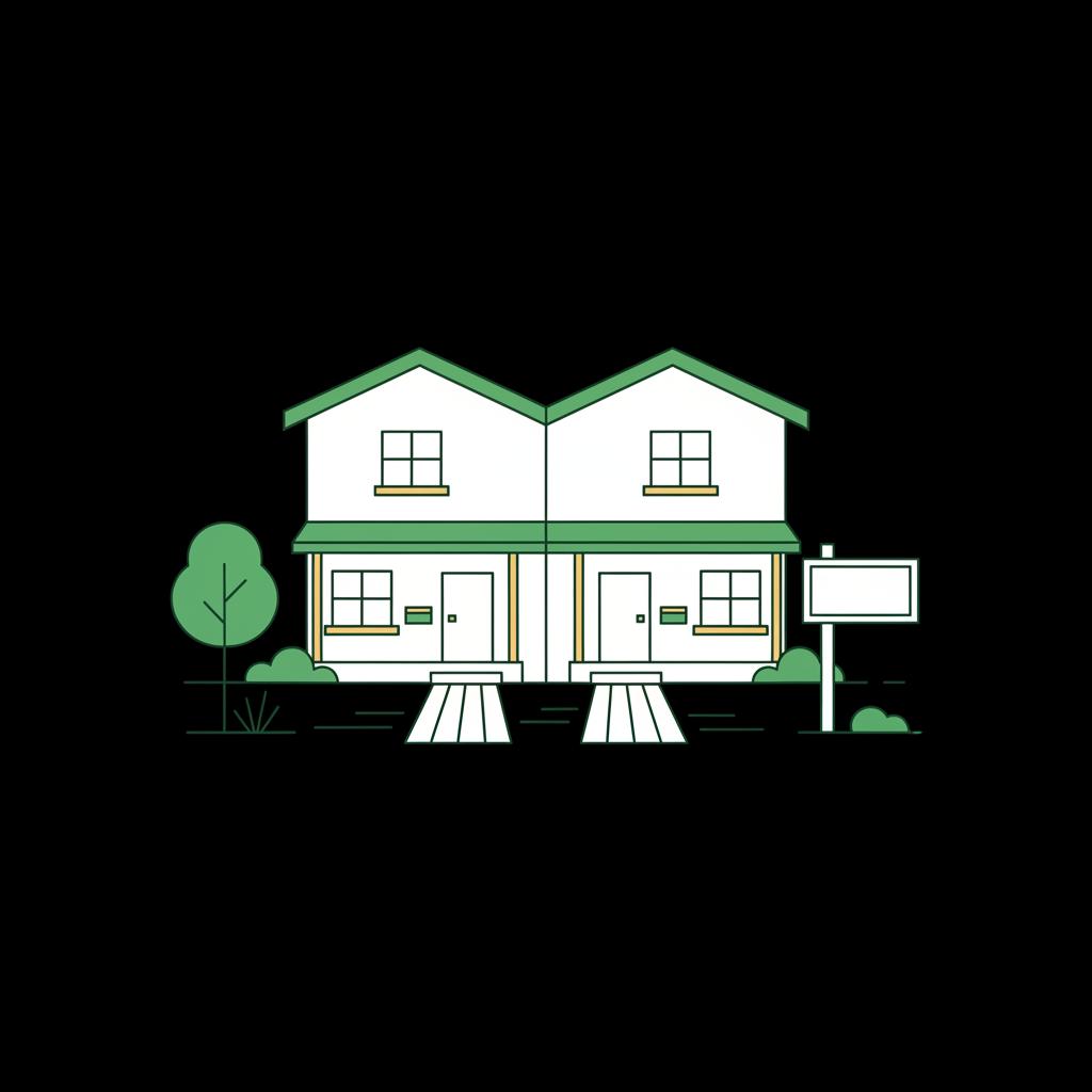 Minimalist 2D vector duplex illustration in Finance Police palette representing a starter rental property how to get into the real estate investing