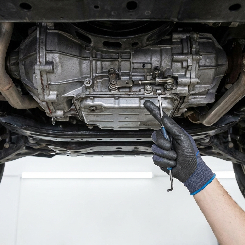 Mechanic pointing at Toyota Sequoia transmission underside in a clean white service bay close up detail toyota sequoia for sale