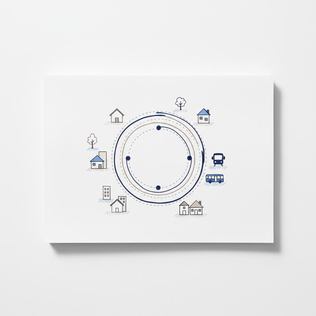 Notebook-style neighborhood map sketch with a circled school zone and three concentric radius rings, small house, park and public-transport icons, white background; optimized for facebook ads for real estate agents.