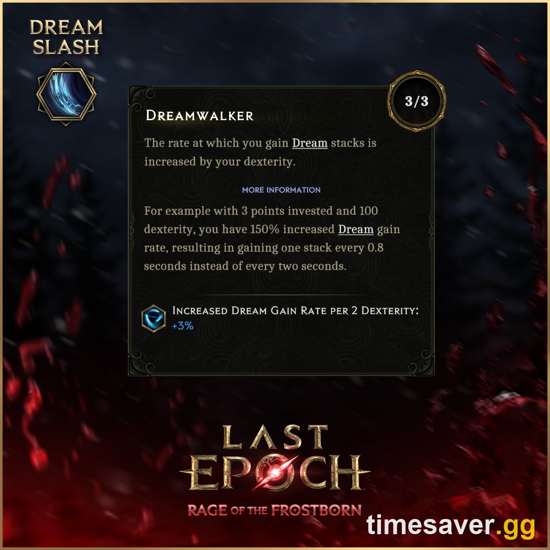 Dreamslash Dreamwalker skill tree node — 1% increased Dream gain rate per 3 Dexterity, Last Epoch Season 5