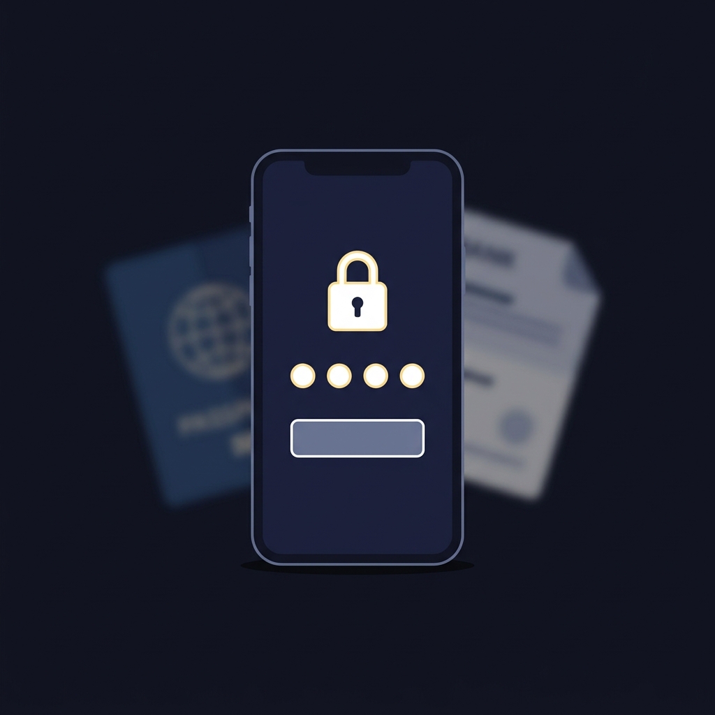 Minimalist vector close up of a smartphone showing a stylized two factor authentication interface with lock icon and blurred passport and bank document in background draft kings legal