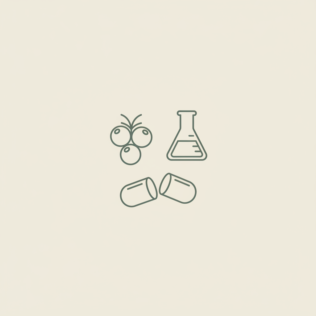 Minimal Tonum-style vector of a capsule, lab beaker, and berry cluster on beige background, evoking ingredients and science for the most trustworthy supplement brand