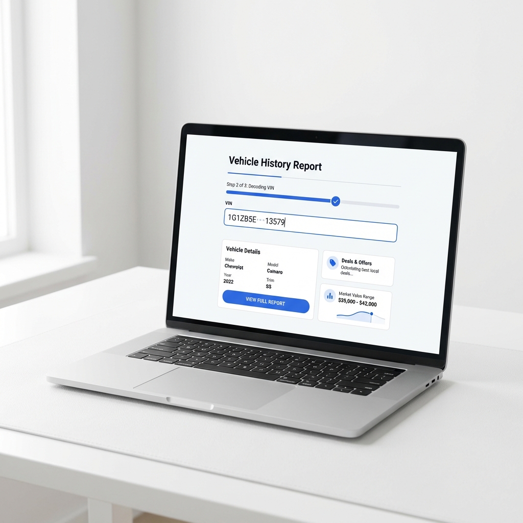 Laptop on white workspace showing a partially completed VIN decoder result page with cobalt blue accents by CarFax Deals ideal for free VIN check