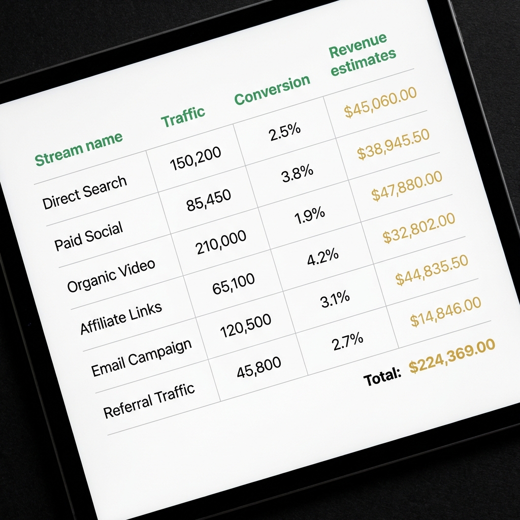 Close up spreadsheet showing stream name traffic conversion and revenue estimates for creating passive income online in a minimalist Finance Police style