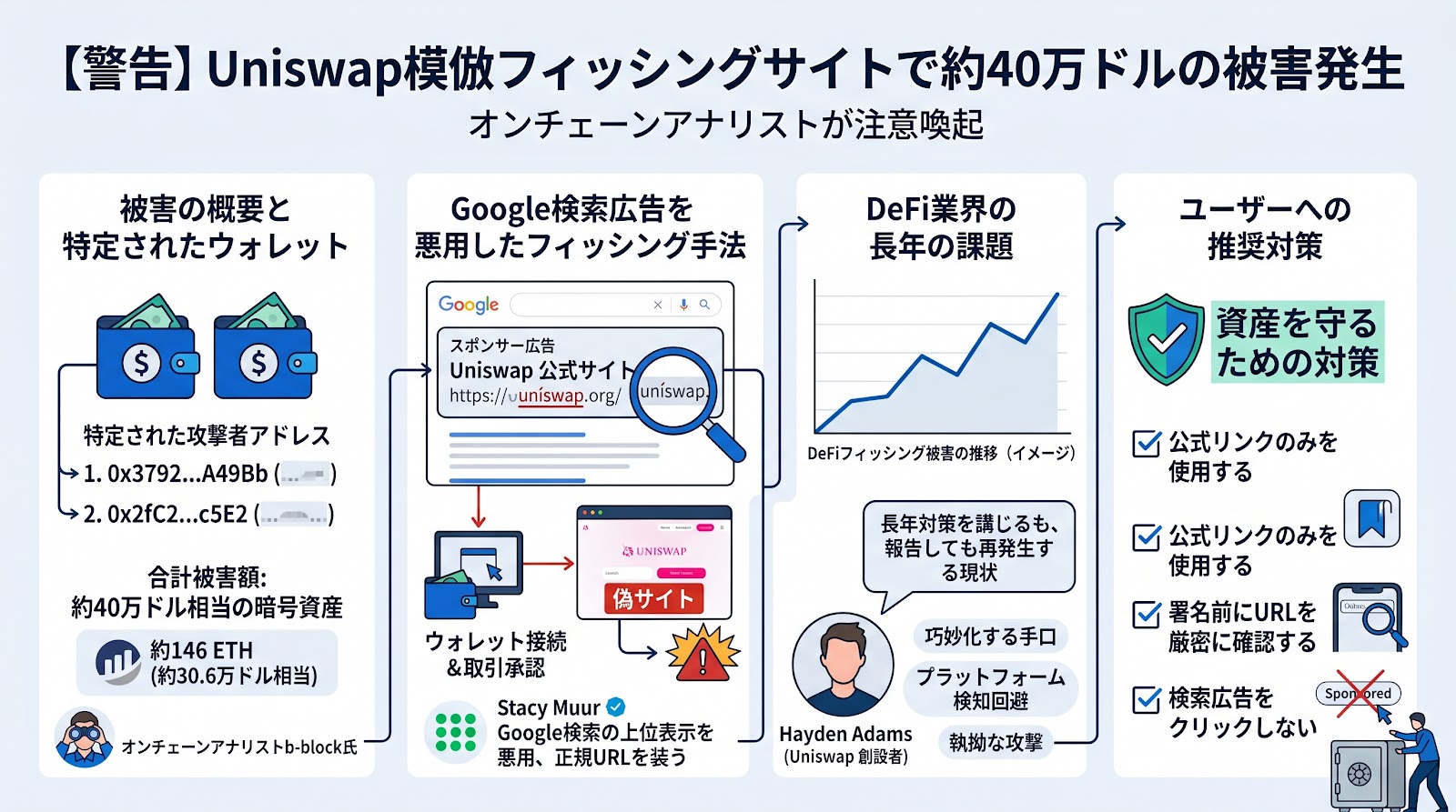 Uniswapを模倣したフィッシングサイトにより約40万ドルの暗号資産被害が発生、オンチェーンアナリストが警告