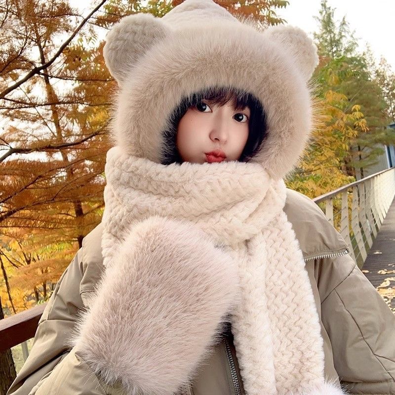 3-in-1 Set: Beanie, Scarf, and Gloves, Plush