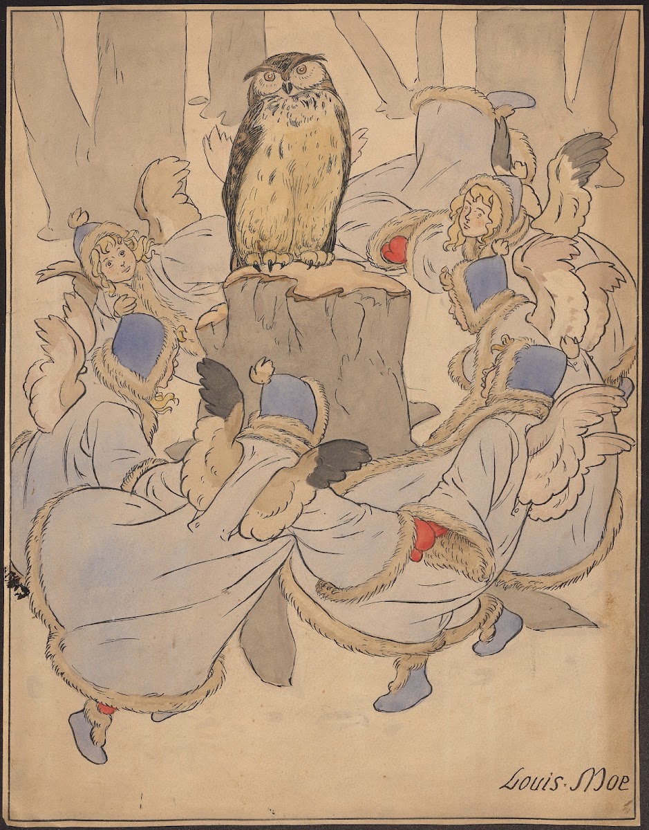 Elves or angels in winter clothes dance around an owl on a tree stump 1875 1945