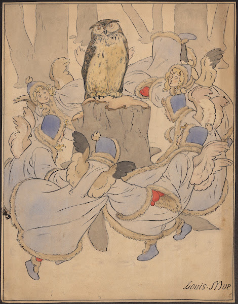Elves or angels in winter clothes dance around an owl on a tree stump 1875 1945