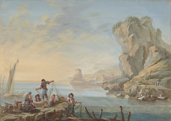 Meeresbucht mit großen Felsen rechts und Fischern ca 1769
