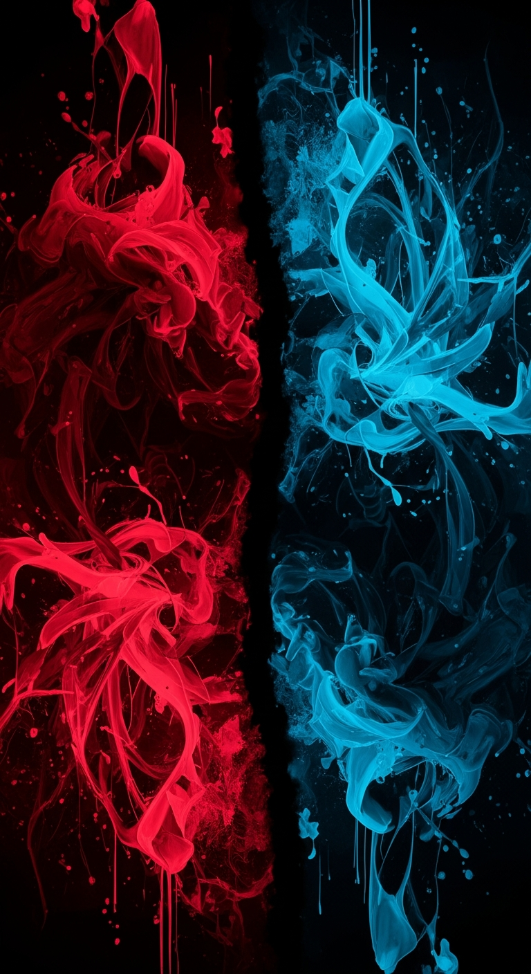 Abstract Digital Painting of Red and Blue Splatter Clouds Split by Vertical Divide - Free 4K mobile Wallpaper