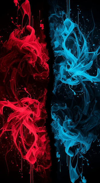 Abstract Digital Painting of Red and Blue Splatter Clouds Split by Vertical Divide - Free mobile Wallpaper