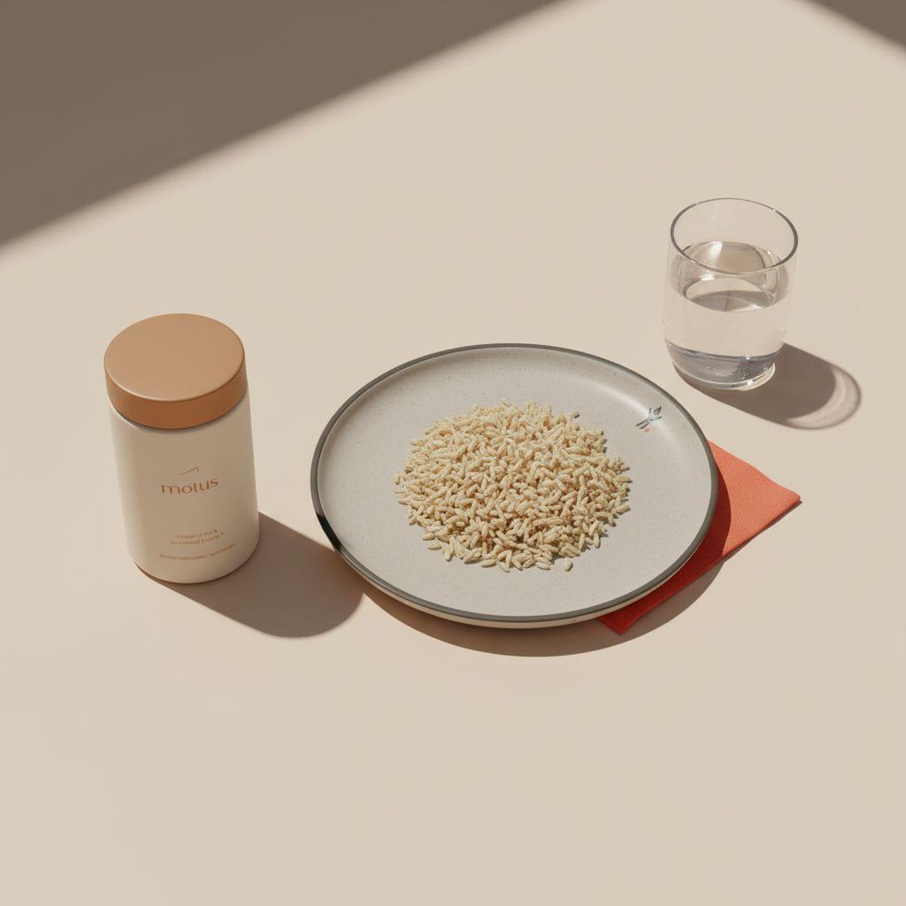 Motus supplement bottle beside a plate of whole-grain rice and a glass of water on a beige tabletop, minimalist clinical scene promoting carbohydrate blockers for weight loss