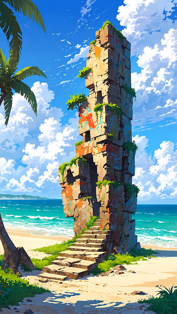 Tropical Beach Ruins Tower with Graffiti and Palm Trees - Free mobile Wallpaper